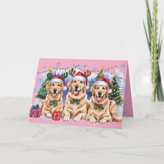 Invitación Holiday Golden Retriever Merry Christmas Card Pink (Anverso)