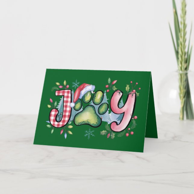 Invitación Holiday Joy Mascota Paw Merry Christmas Card Green (Anverso)