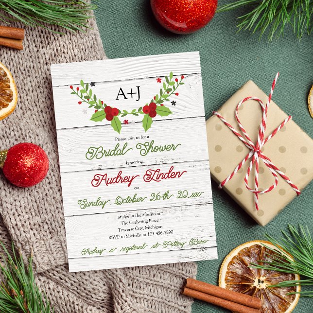 Invitación Holiday Joy Poinsettia Wood Bridal Shower Invitati (Subido por el creador)