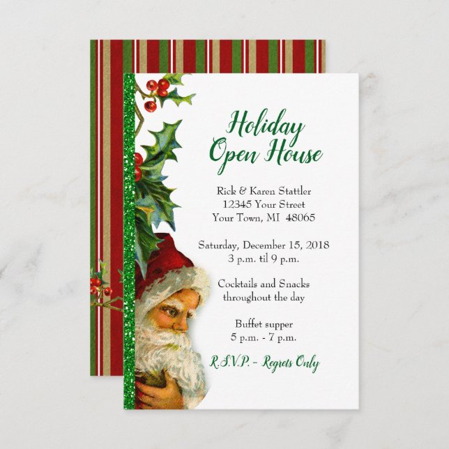 Invitación Holiday Open House Green Purpurina Santa Holly (Anverso / Reverso)