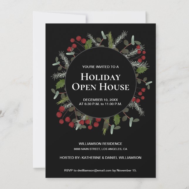 Invitación Holiday Open House holly wreath familia festiva (Anverso)
