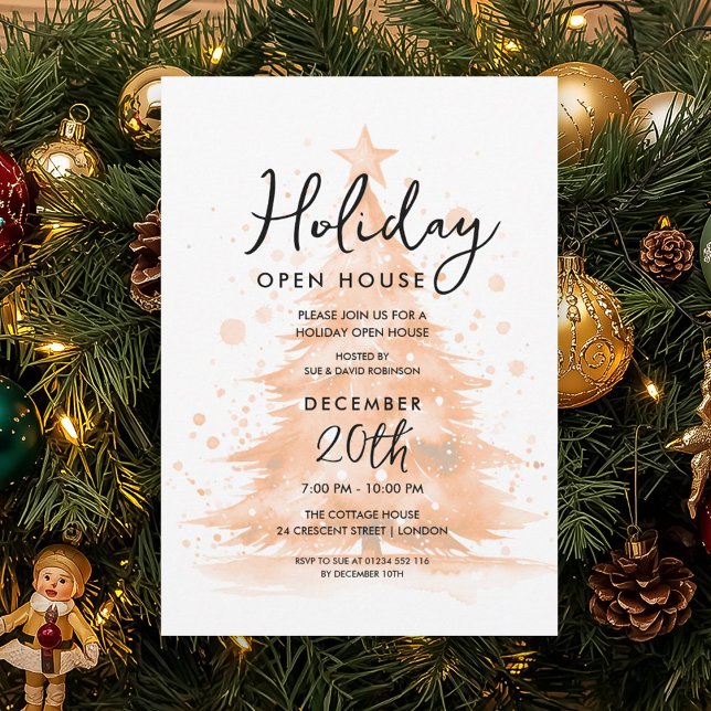 Invitación Holiday Open House Rose Gold Hand Painted Tree (Holiday Open House Rose Gold Hand Painted Tree Invitation)