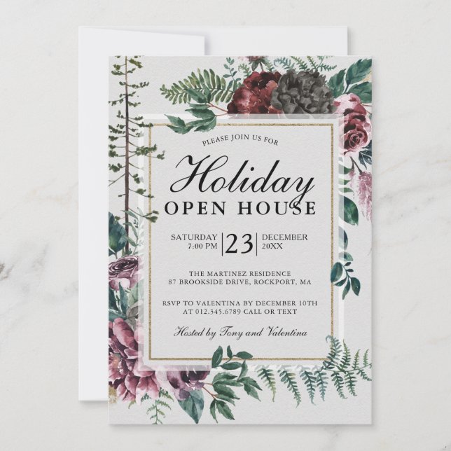 Invitación Holiday Open House Rustic Red Floral (Anverso)