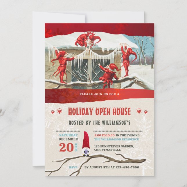 Invitación Holiday Open House Vintage Elves  (Anverso)