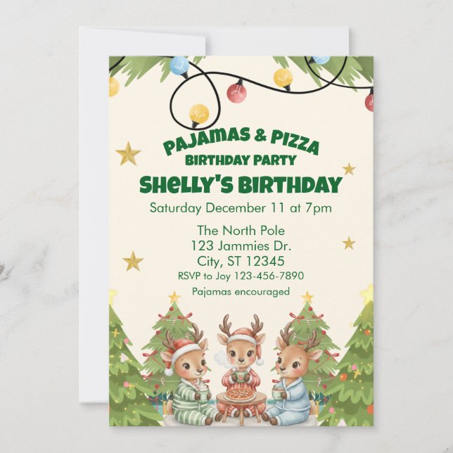 Invitación Holiday Pajama Pizza Birthday Party, reindeer (Anverso)