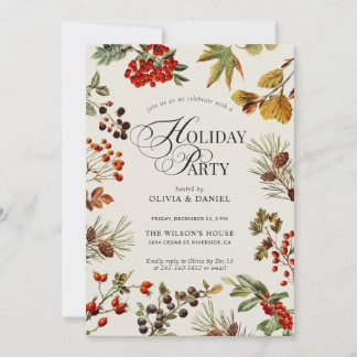 Invitación Holiday Party Botanical Plants Berries Script