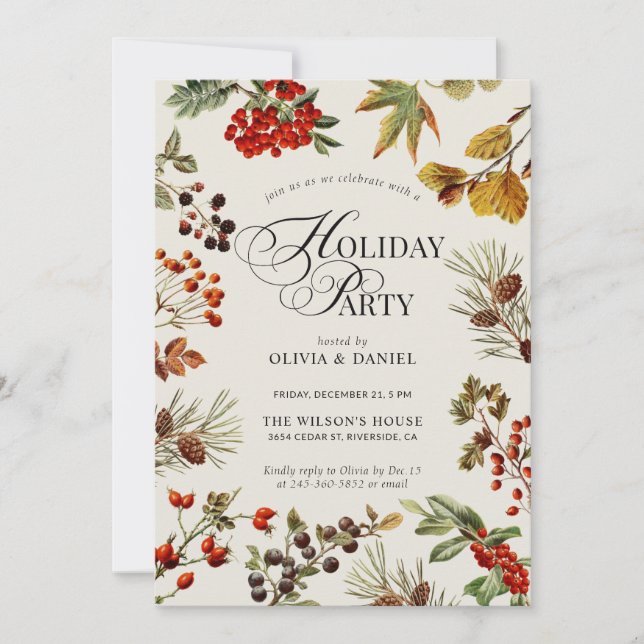 Invitación Holiday Party Botanical Plants Berries Script (Anverso)