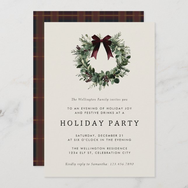 Invitación Holiday Party Festive Christmas Wreath Ribbon (Anverso / Reverso)