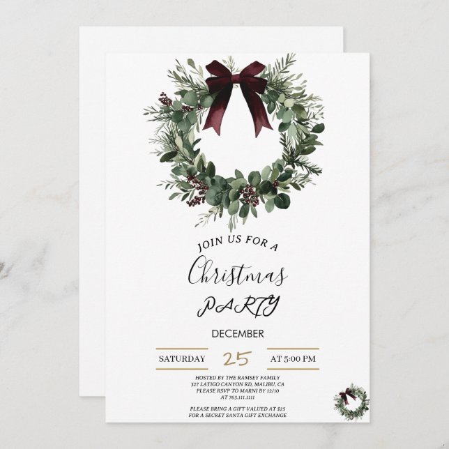 Invitación Holiday Party Invitation Elegant Christmas Wreath (Anverso / Reverso)