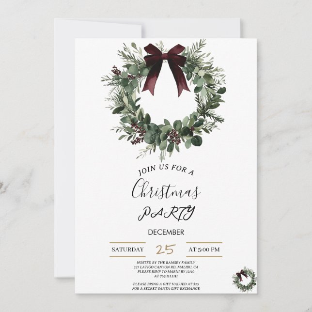 Invitación Holiday Party Invitation Elegant Christmas Wreath (Anverso)