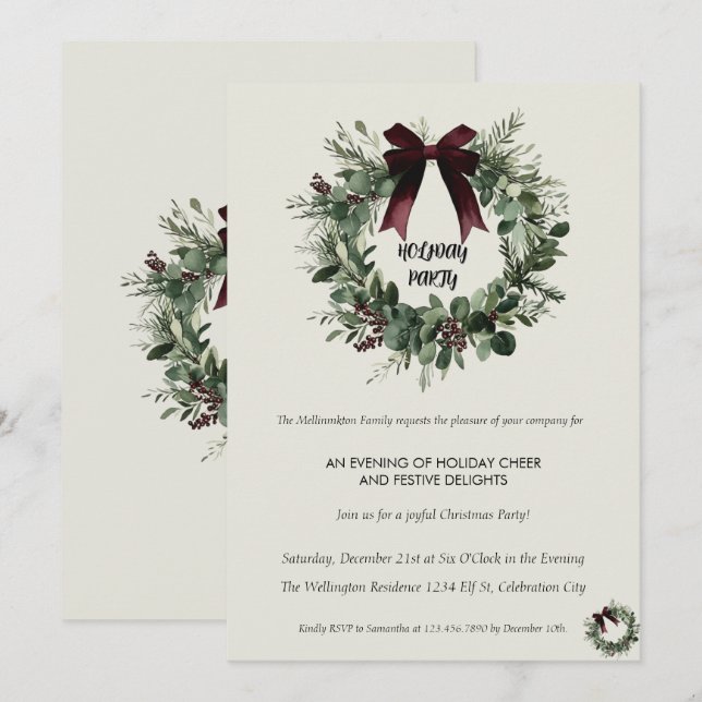 Invitación Holiday Party Invitation Elegant Christmas Wreath (Anverso / Reverso)