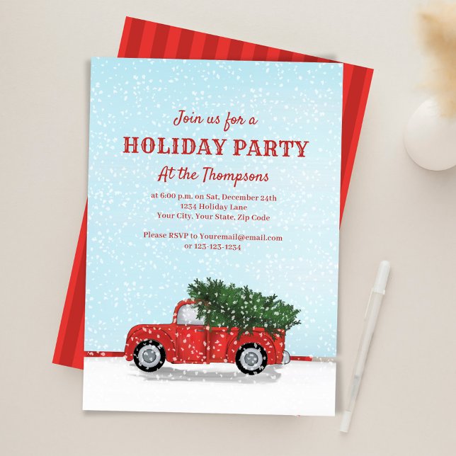 Invitación Holiday Party Red Truck Classic Custom (Red rustic truck custom Holiday party invitations.)