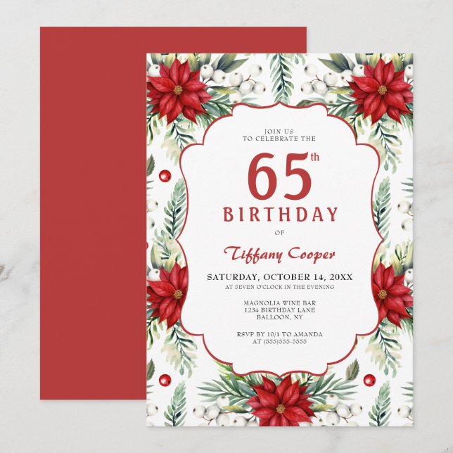 Invitación Holiday Poinsettia 65th Birthday (Anverso / Reverso)