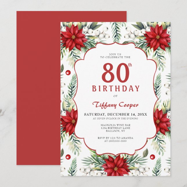 Invitación Holiday Poinsettia 80th Birthday (Anverso / Reverso)