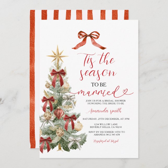 Invitación Holiday Red Bow Christmas Tree Couple Wedding (Anverso / Reverso)