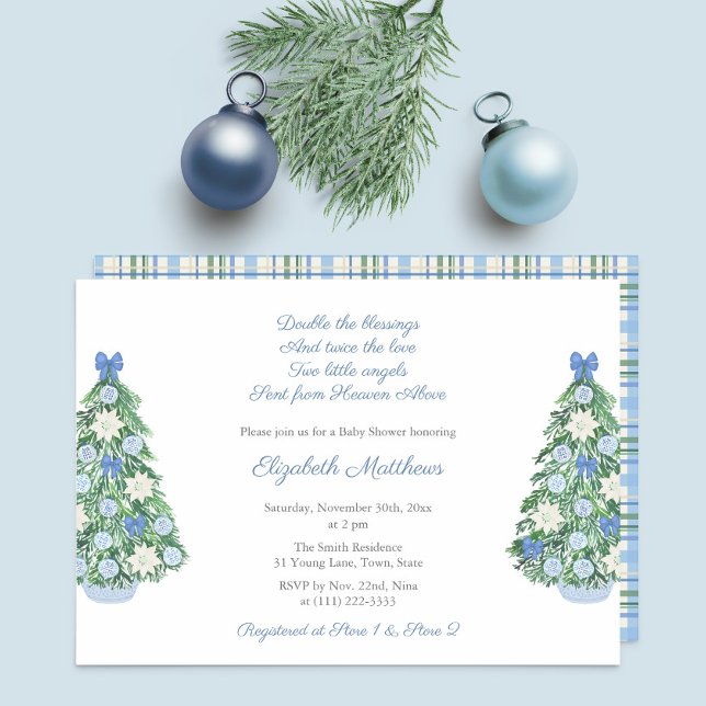 Invitación Holidays Chinoiserie Twin Boys Baby Shower Fiesta (Hand painted chinoiserie ornaments decorated this holidays tree invitate for a twin boys baby shower)
