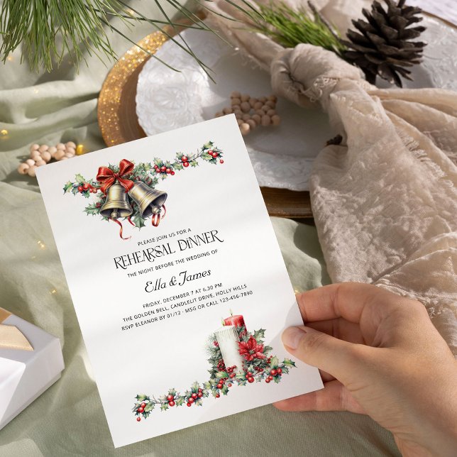 Invitación Holly Bells Candle Winter Wedsal Ensayo de cena (Wedding Rehearsal Dinner Invitation from the Holly Bells Wedding collection by Darling & May)