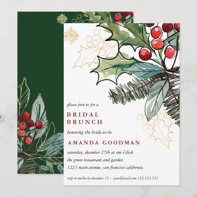 Invitación Holly Berries Boda Bridal Brunch (Anverso / Reverso)