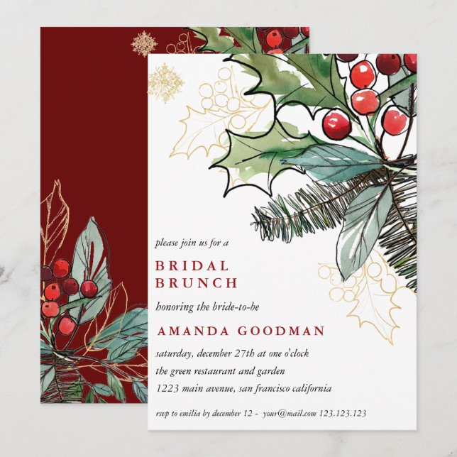 Invitación Holly Berries Boda Bridal Brunch (Anverso / Reverso)