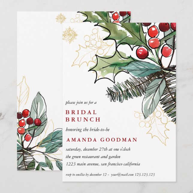 Invitación Holly Berries Boda Bridal Brunch (Anverso / Reverso)