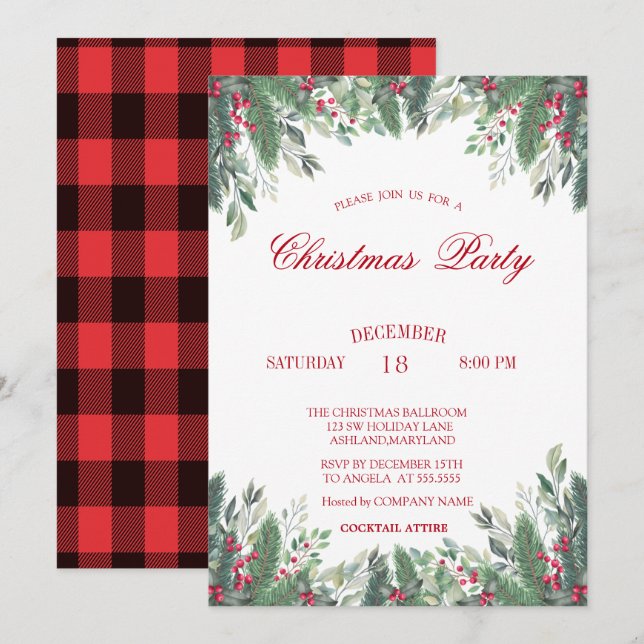 Invitación Holly Berries Branches Red Plaid Navidades Company (Anverso / Reverso)