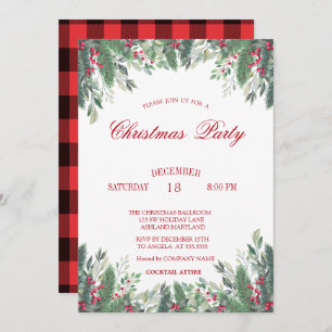 Invitación Holly Berries Branches Red Plaid Navidades Company