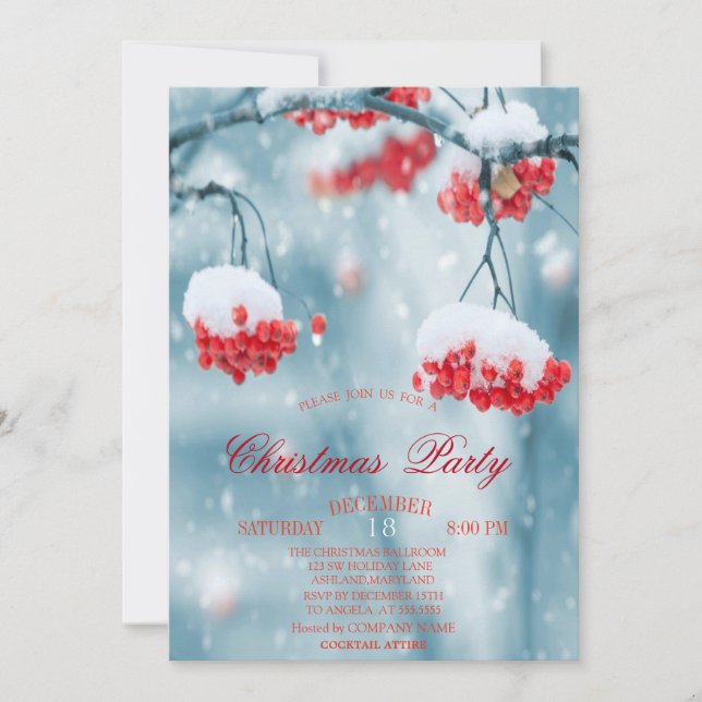 Invitación Holly Berries Branches Snow Navidades Company (Anverso)