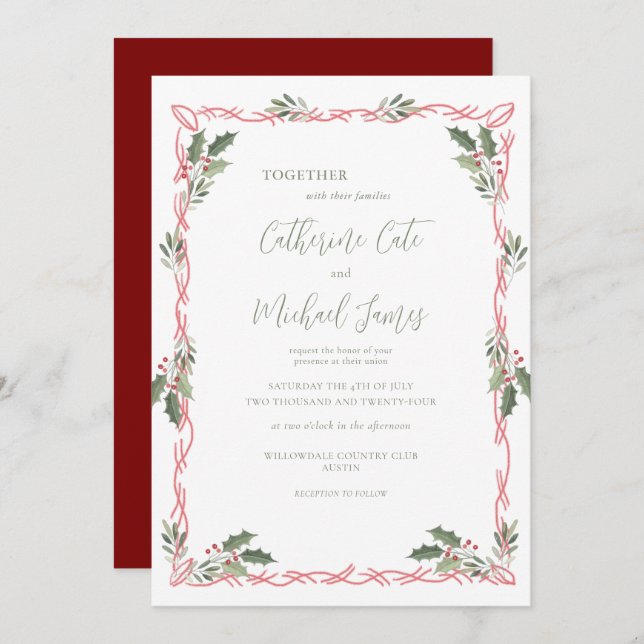 Invitación Holly Berries Christmas Theme Wedding (Anverso / Reverso)