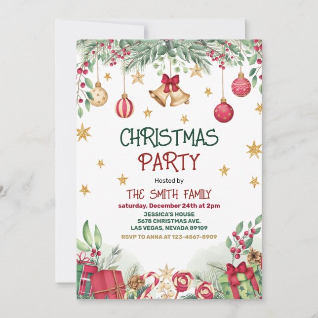 Invitación Holly Berries Gold Baubles Stars Navidades Fiesta (Anverso)