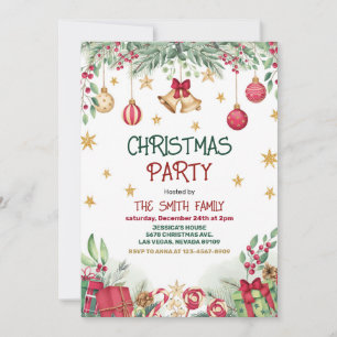 Invitación Holly Berries Gold Baubles Stars Navidades Fiesta