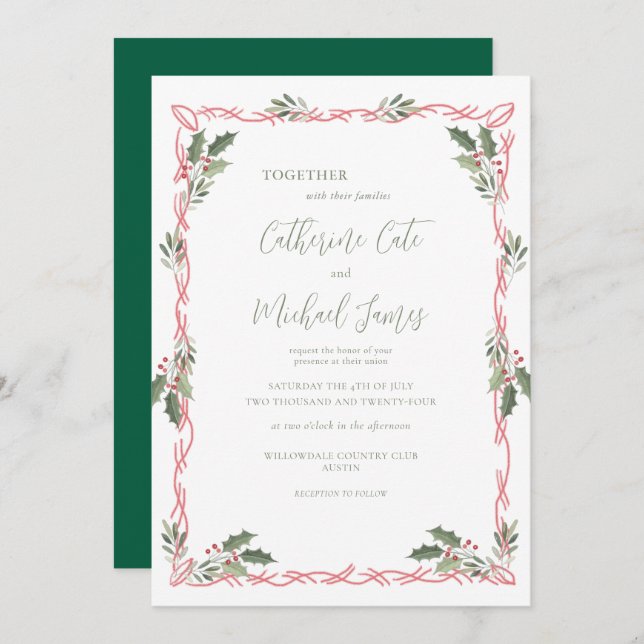 Invitación Holly Berries Green Christmas Theme Wedding (Anverso / Reverso)
