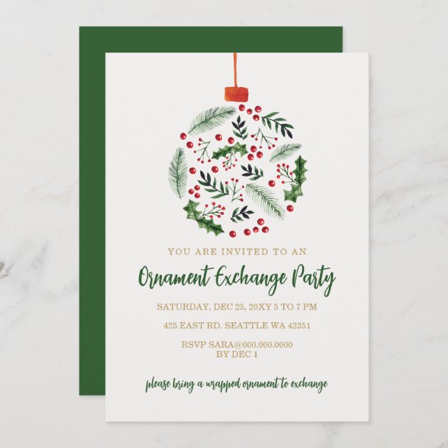 Invitación Holly Berries Ornament Exchange Christmas Party (Anverso / Reverso)