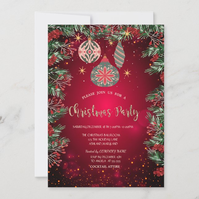 Invitación Holly Berries Ornaments Red Company Navidades (Anverso)