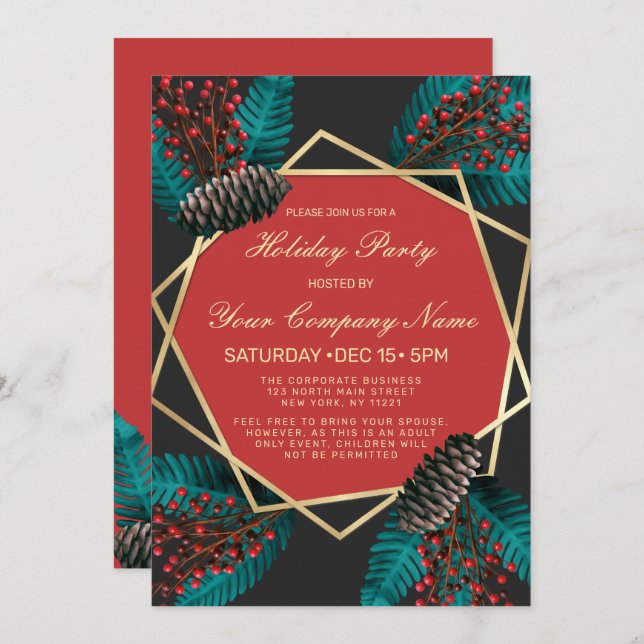 Invitación Holly Berries Pine Cone Bouquet Corporate Holiday (Anverso / Reverso)