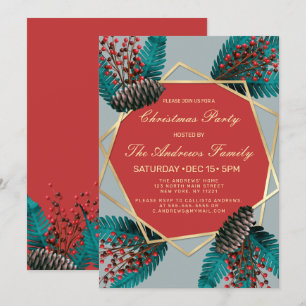 Invitación Holly Berries Pine Cone Bouquet Gold Geo Navidades