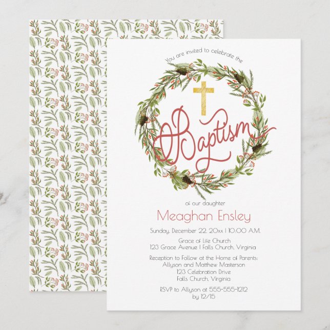 Invitación Holly | Berries Pine Wreath Navidades Baptism Invi (Anverso / Reverso)