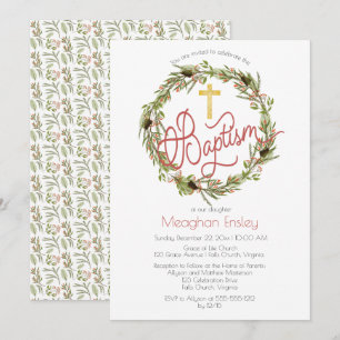 Invitación Holly   Berries Pine Wreath Navidades Baptism Invi