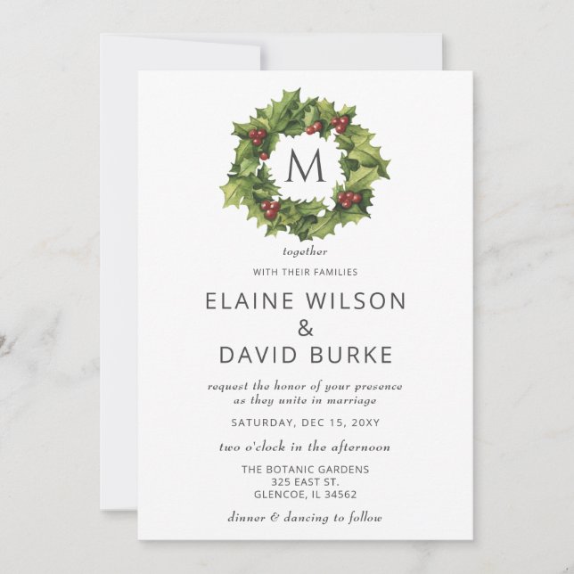 Invitación Holly Berries Wreath Monograma Boda de Invierno (Anverso)
