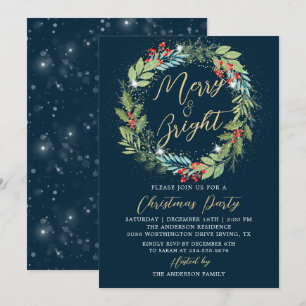 Invitación Holly Berries Wreath Winter Blue Navidades Fiesta