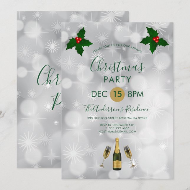 Invitación Holly Berries Y Champagne (Anverso / Reverso)