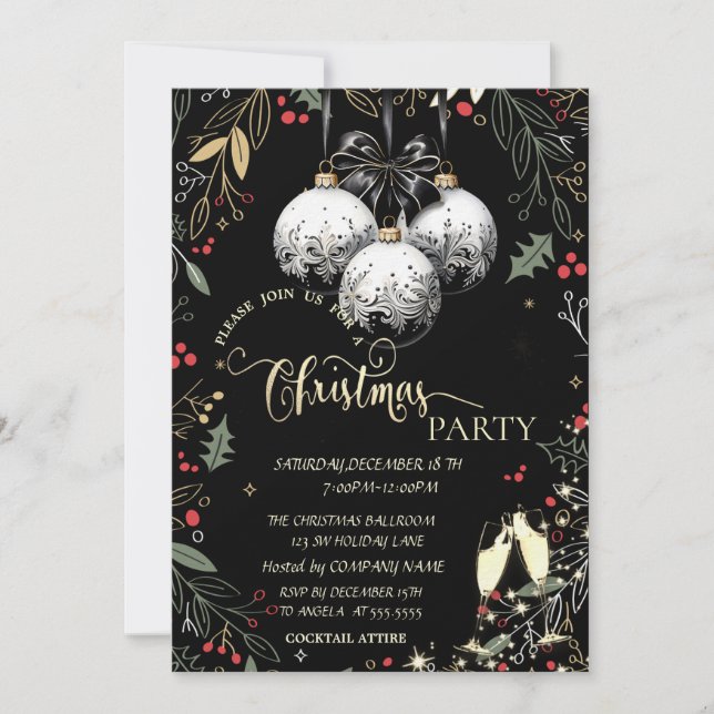 Invitación Holly Berry, Bolas, Fiesta de Navidad de la Compañ (Anverso)