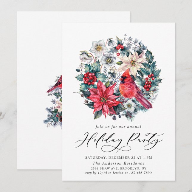 Invitación Holly Berry Cardinal Red Vintage (Anverso / Reverso)