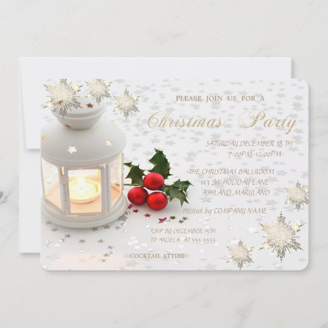 Invitación Holly Berry, copos de nieve, estrellas, Fiesta cor (Anverso)