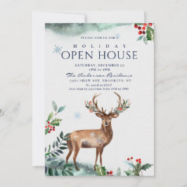 Invitación Holly Berry Deer Navidades Holiday Open House