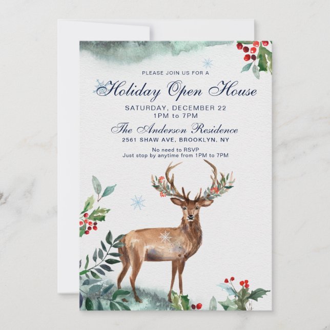 Invitación Holly Berry Deer Navidades Holiday Open House (Anverso)