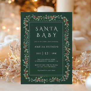Invitación Holly Berry Frame Santa Baby Shower Forest Green