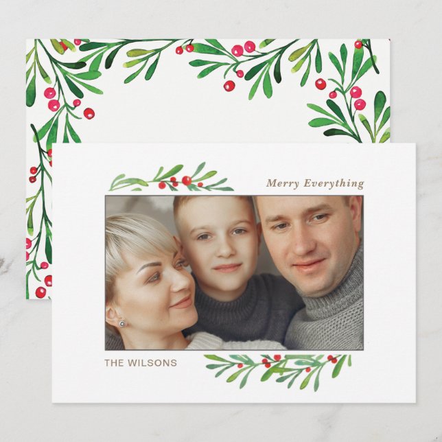 Invitación Holly Berry Gold Botanical Photo Holiday Card (Anverso / Reverso)