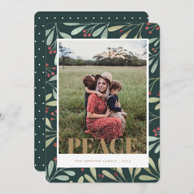 Invitación Holly Berry Green Gold Peace Christmas Photo Card (Anverso / Reverso)