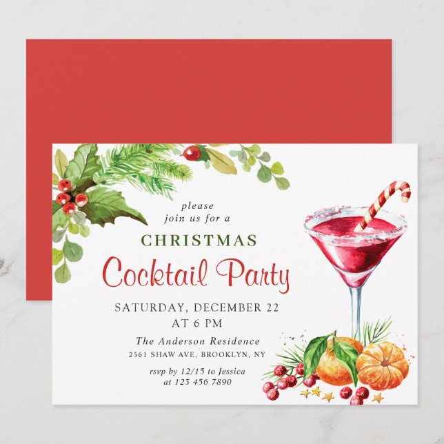 Invitación Holly Berry Holiday Navidades Fiesta de cócteles (Anverso / Reverso)