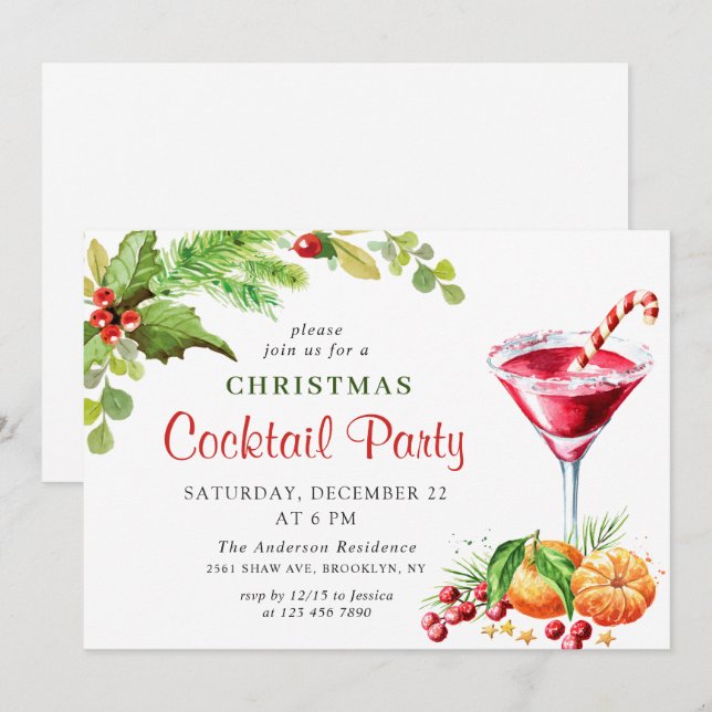 Invitación Holly Berry Holiday Navidades Fiesta de cócteles (Anverso / Reverso)